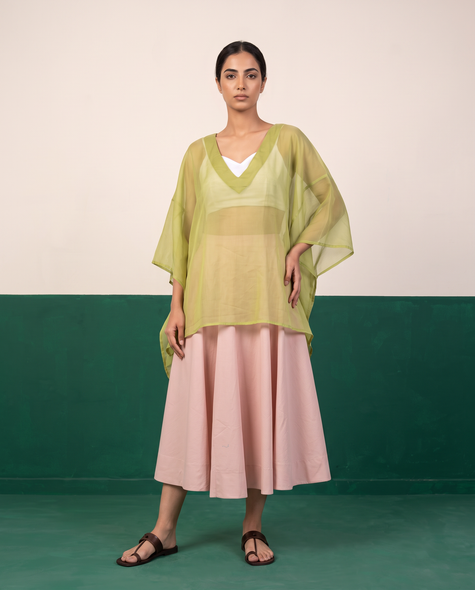Sheer Pistachio Kaftan Top & Rose Pink Flared Midi Skirt Set