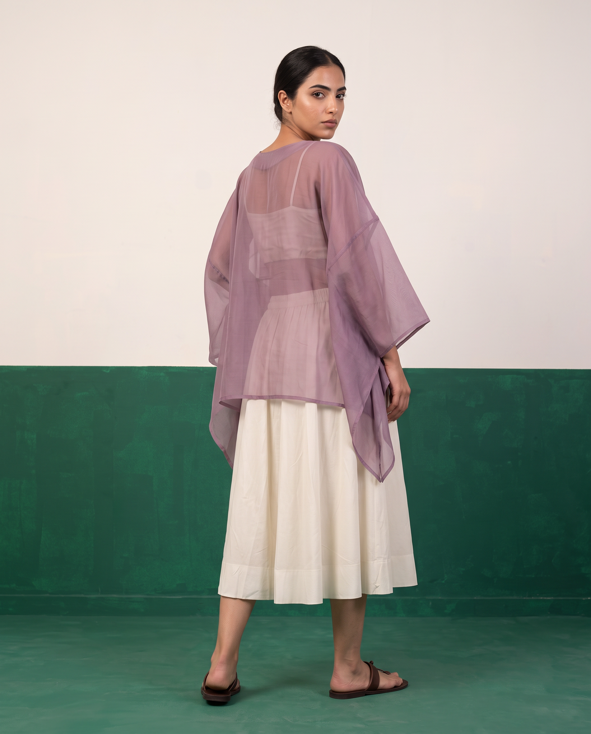 Sheer Mauve Kaftan Top & Ivory Flared Midi Skirt Set