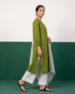 Green Printed Kurta, White Pants & Kota Doria Dupatta Set