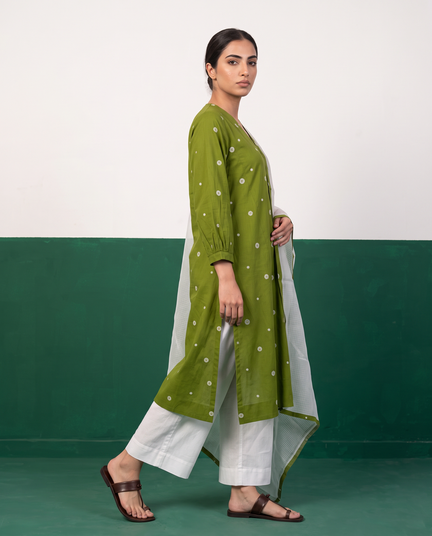 Green Printed Kurta, White Pants & Kota Doria Dupatta Set