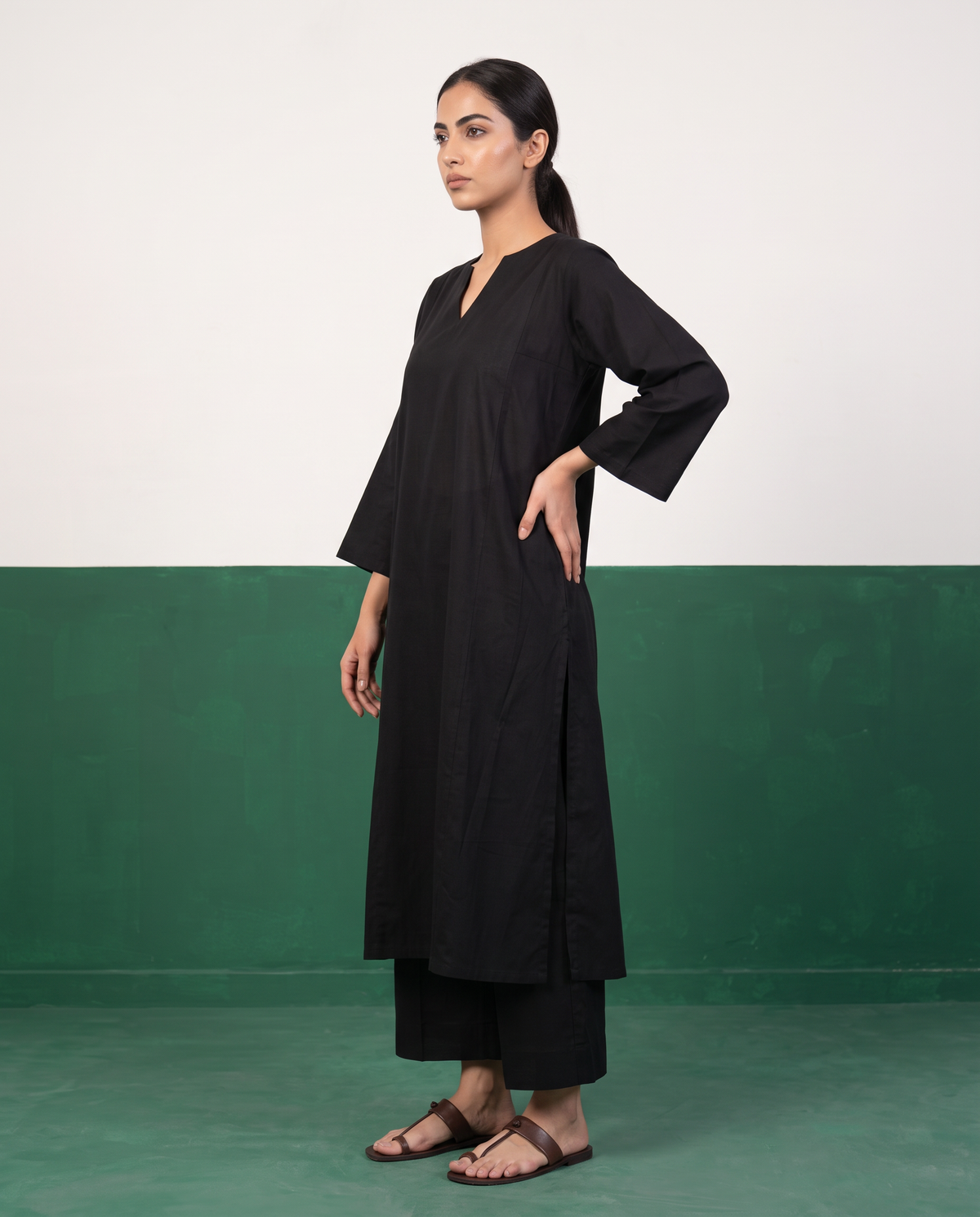 Black Notch-Neck A-Line Kurta & Wide-Leg Pants Co-ord Set