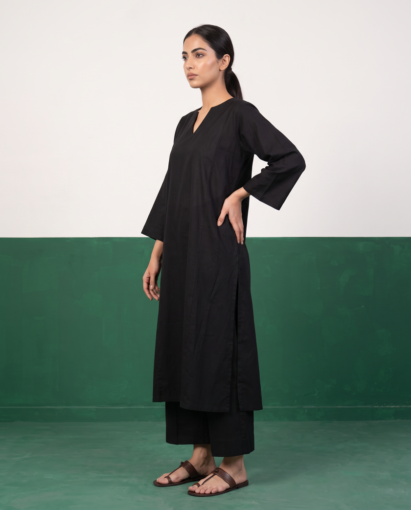 Black Notch-Neck A-Line Kurta & Wide-Leg Pants Co-ord Set
