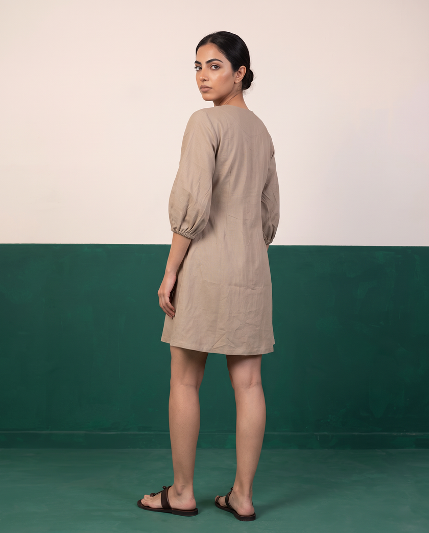 Sand Beige Button-Down Cotton Dress
