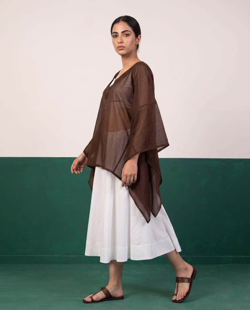 Chocolate Brown Sheer Kaftan Top & White Flared Skirt Set