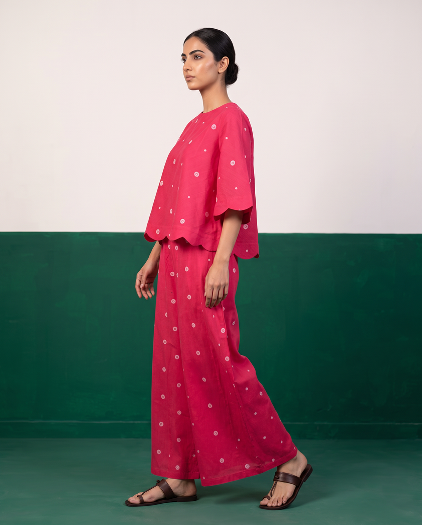 Raspberry Pink Printed Scalloped Top & Palazzo Set