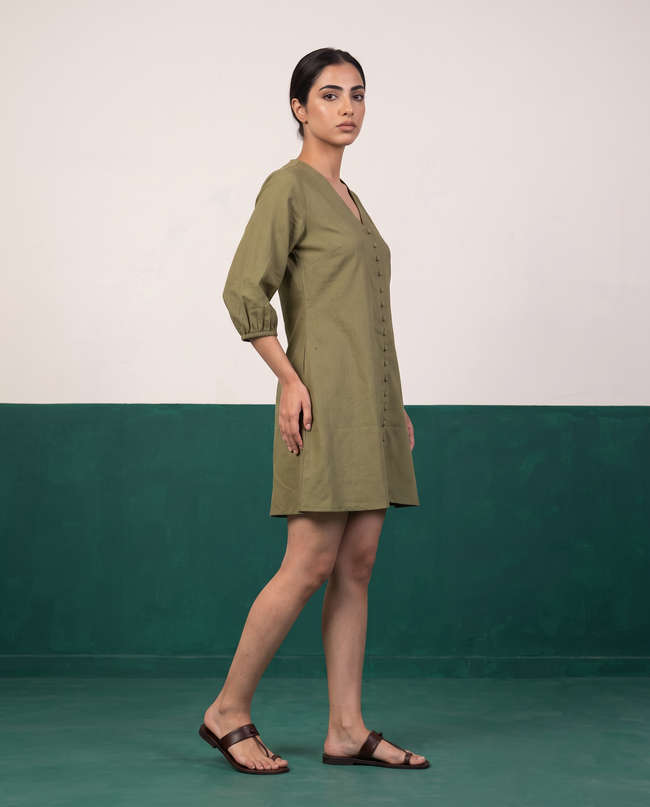 Olive Green Button-Down Cotton Dress