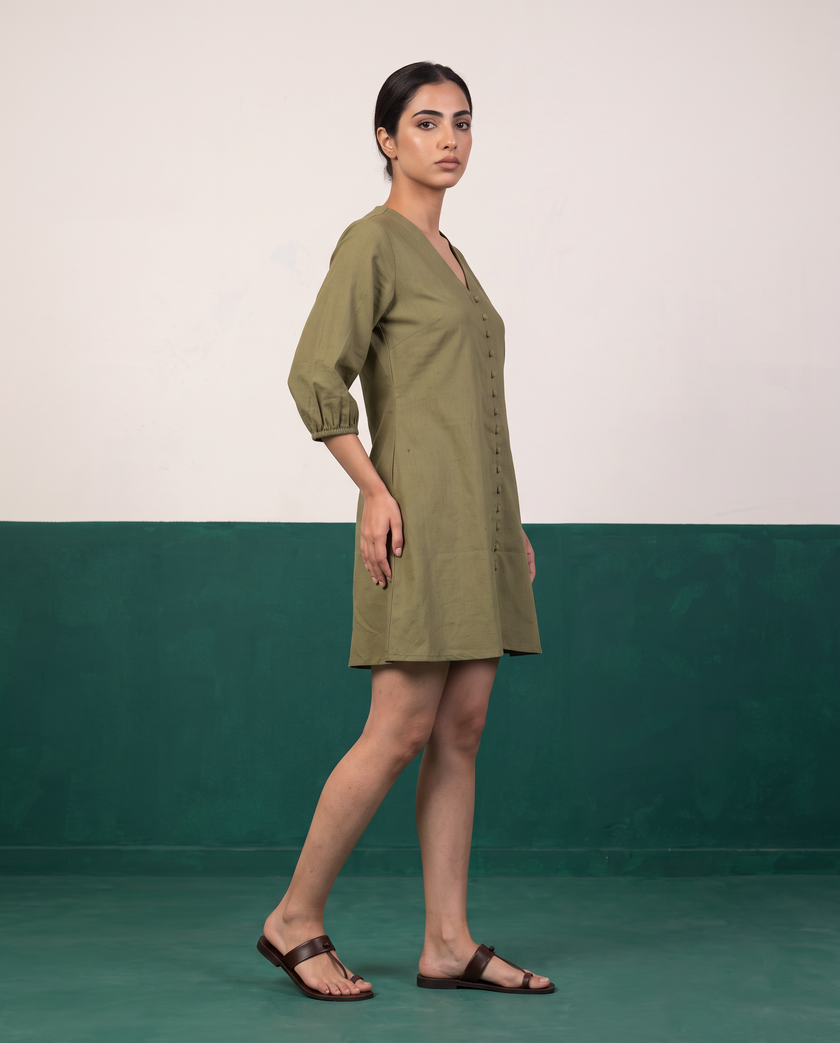 Olive Green Button-Down Cotton Dress