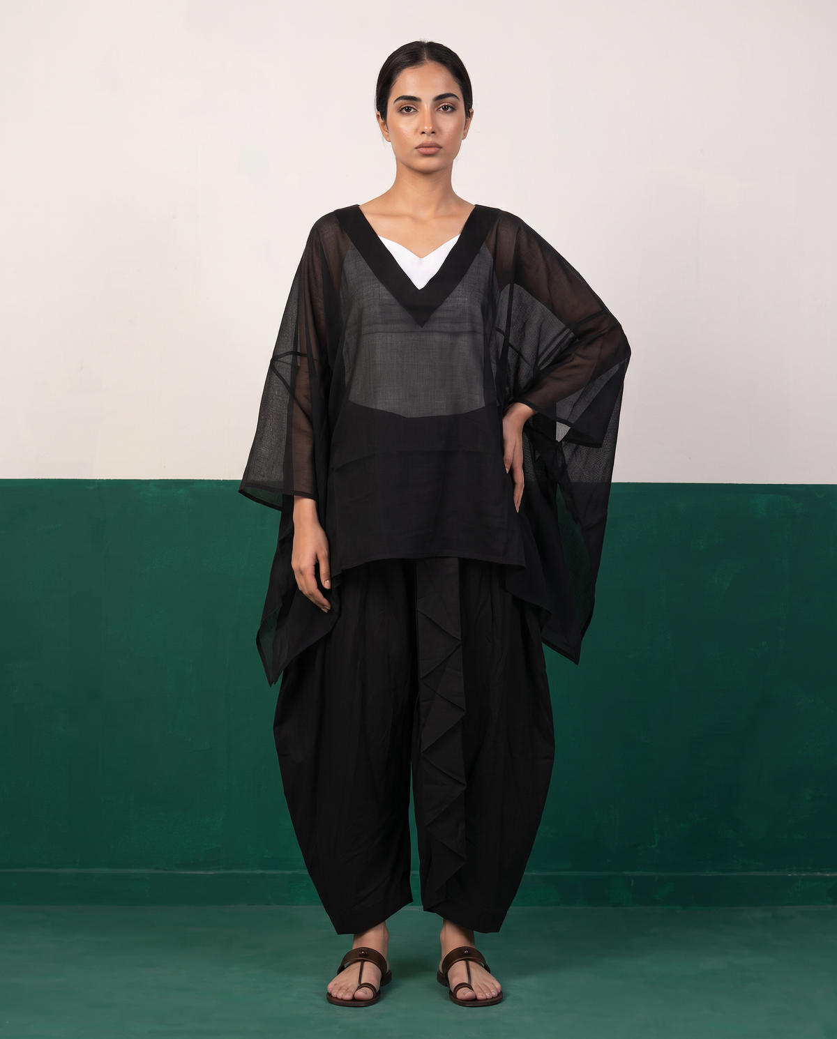 Black Sheer Cotton Kaftan Top & Draped Dhoti Pants Set
