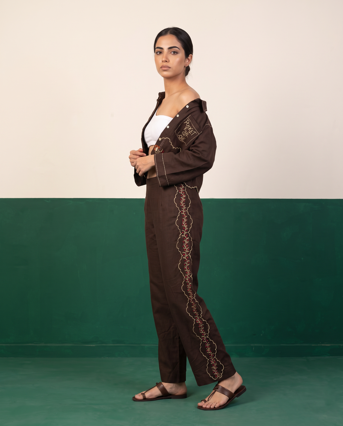 Brown Hand-Embroidered Cropped Jacket & Pants Set