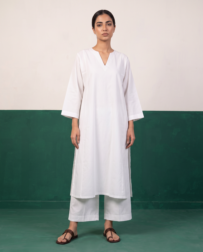 White Notch-Neck A-Line Kurta & Wide-Leg Pants Co-ord Set