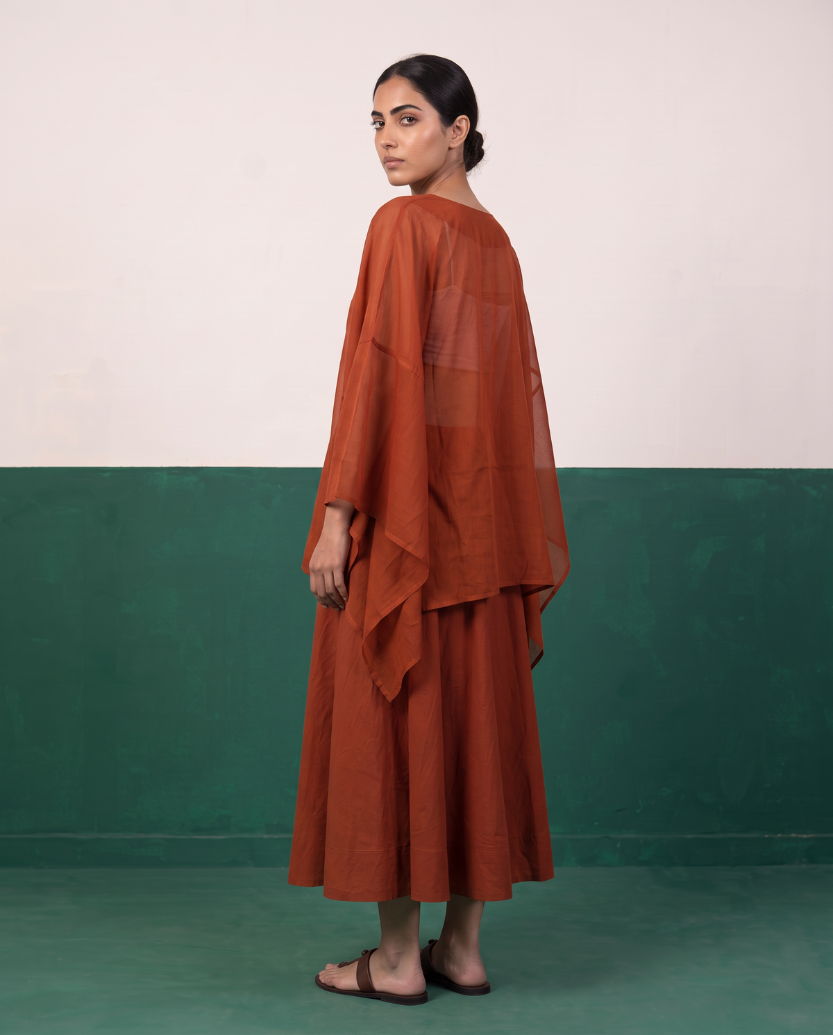 Sheer Kaftan Top & Flared Midi Skirt Set in Rust