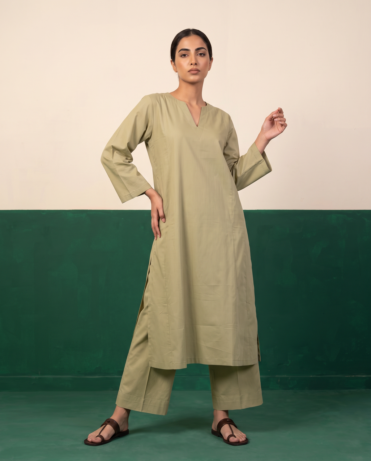 Sage Green Notch-Neck Kurta & Wide-Leg Pants Co-ord Set