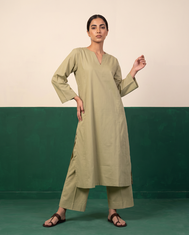 Sage Green Notch-Neck Kurta & Wide-Leg Pants Co-ord Set