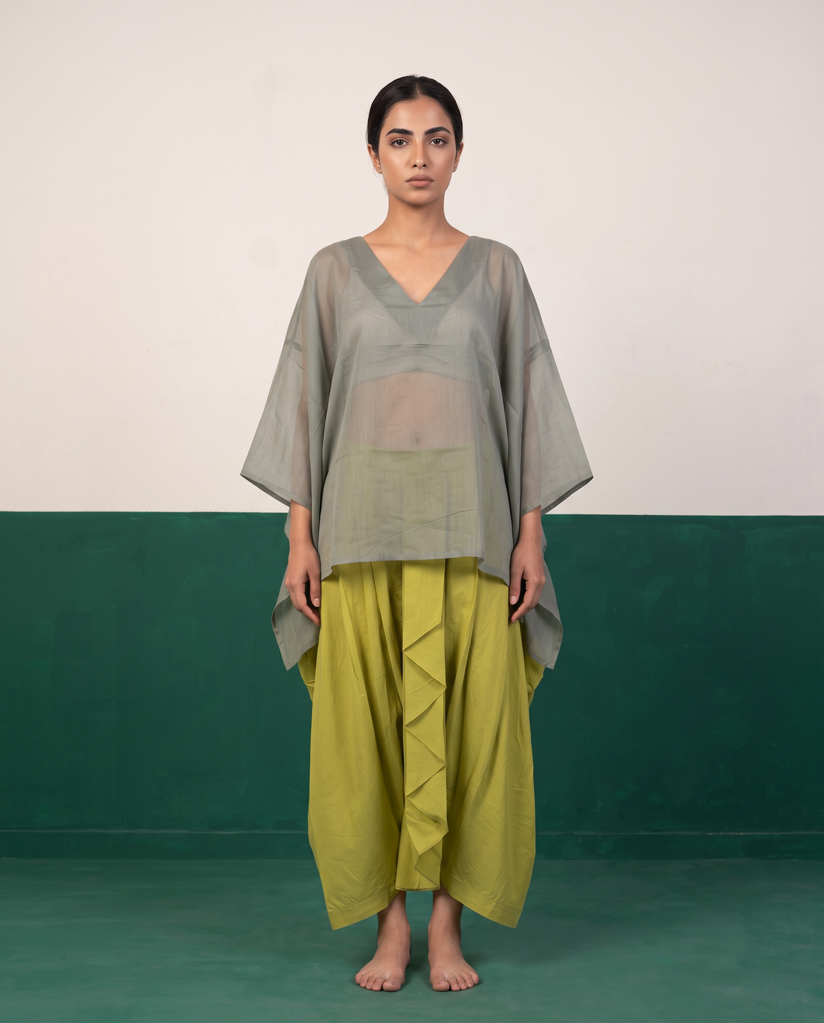 Sage Sheer Cotton Kaftan Top & Citron Dhoti Pants Set