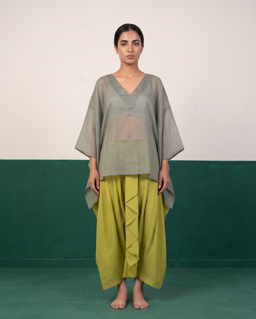 Sage Sheer Cotton Kaftan Top & Citron Dhoti Pants Set