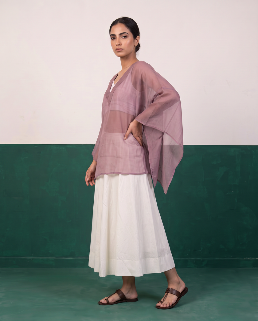 Sheer Mauve Kaftan Top & Ivory Flared Midi Skirt Set