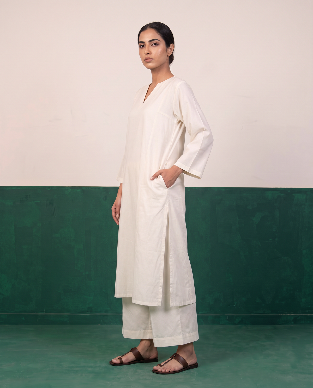Ivory Notch-Neck A-Line Kurta & Wide-Leg Pants Co-ord Set