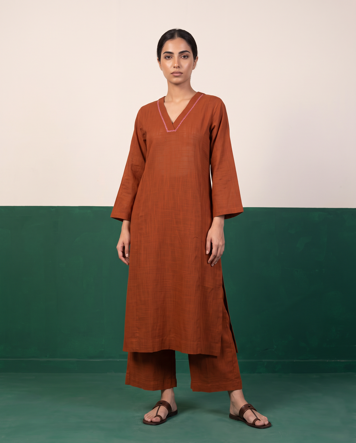 Rust Cotton Kurta & Wide-Leg Pants Set