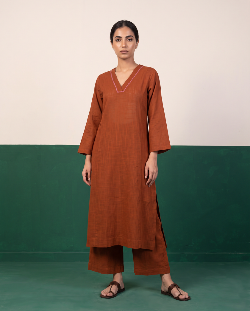 Rust Cotton Kurta & Wide-Leg Pants Set