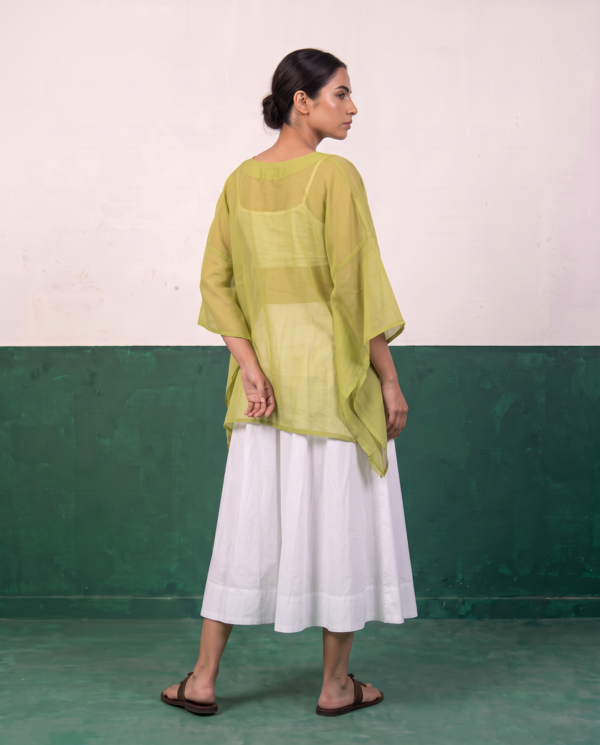 Sheer Pistachio Kaftan Top & White Flared Midi Skirt Set