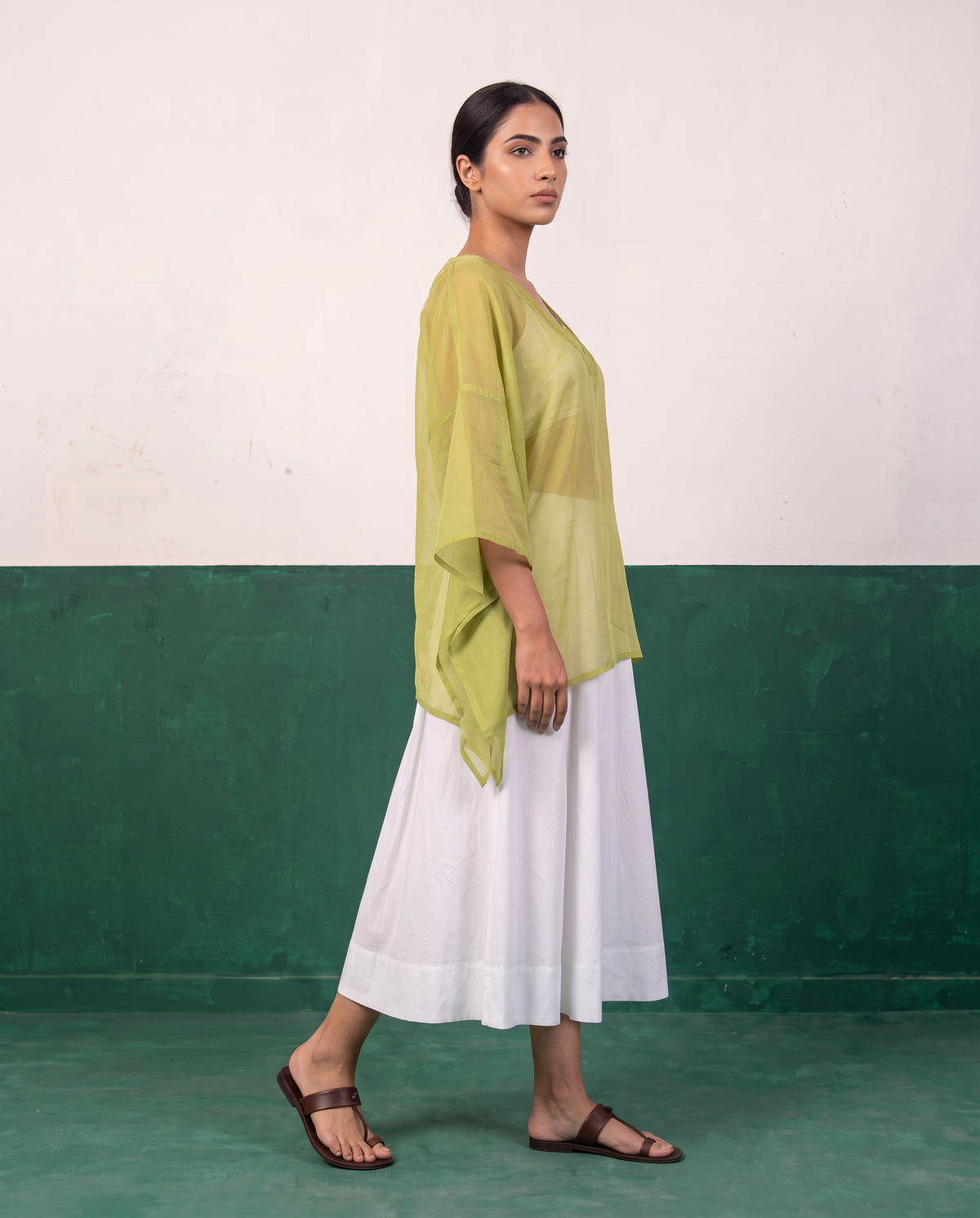 Sheer Pistachio Kaftan Top & White Flared Midi Skirt Set
