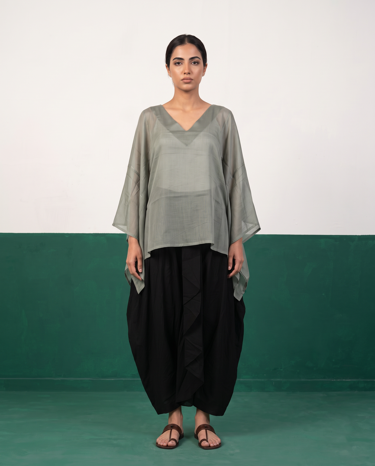 Sage Sheer Cotton Kaftan Top & Black Draped Skirt Set