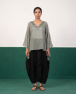 Sage Sheer Cotton Kaftan Top & Black Draped Skirt Set