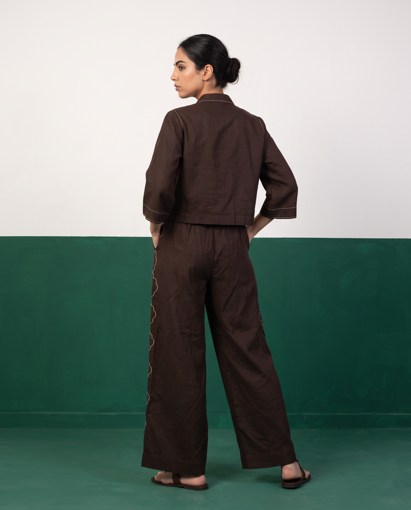 Brown Hand-Embroidered Cropped Jacket & Pants Set
