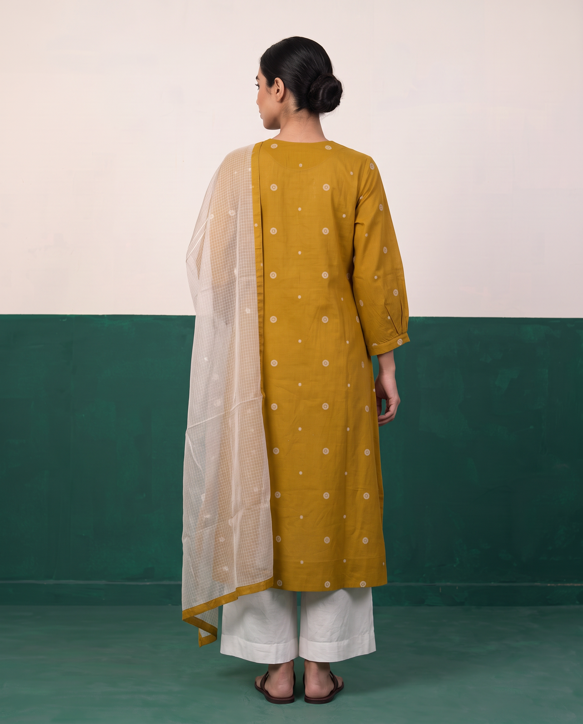 Mustard Printed Kurta, White Pants & Checkered Dupatta Set