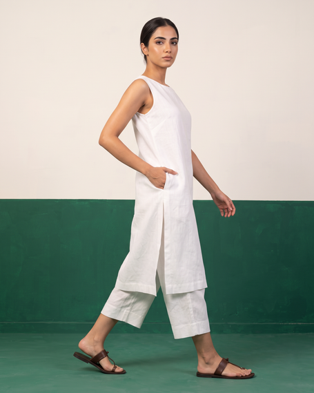 White Sleeveless Longline Tunic & Culotte Pants Co-ord Set