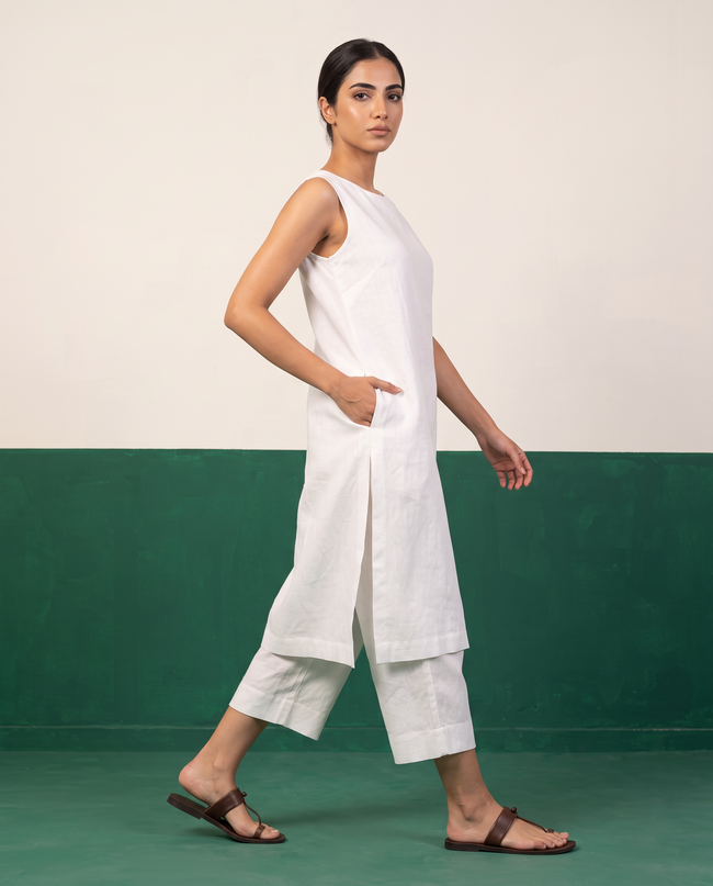 White Sleeveless Longline Tunic & Culotte Pants Co-ord Set