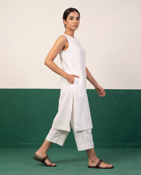 White Sleeveless Longline Tunic & Culotte Pants Co-ord Set