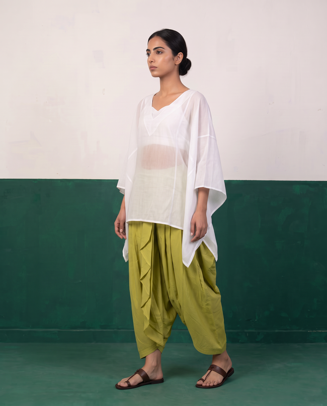 White Sheer Cotton Kaftan Top & Citron Dhoti Pants Set