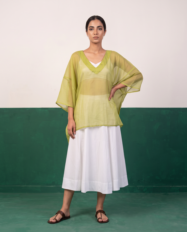 Sheer Pistachio Kaftan Top & White Flared Midi Skirt Set