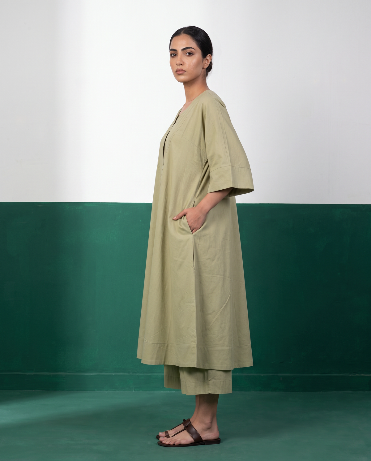 Sage Green Button-Down A-Line Kurta & Wide-Leg Culotte Co-ord Set