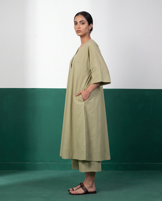 Sage Green Button-Down A-Line Kurta & Wide-Leg Culotte Co-ord Set