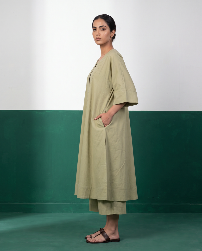 Sage Green Button-Down A-Line Kurta & Wide-Leg Culotte Co-ord Set