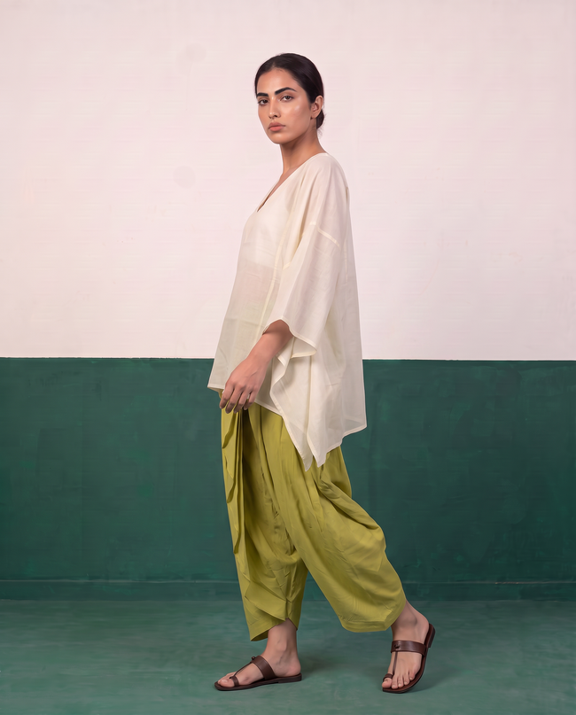 Ivory Sheer Cotton Kaftan Top & Citron Dhoti Pants Set