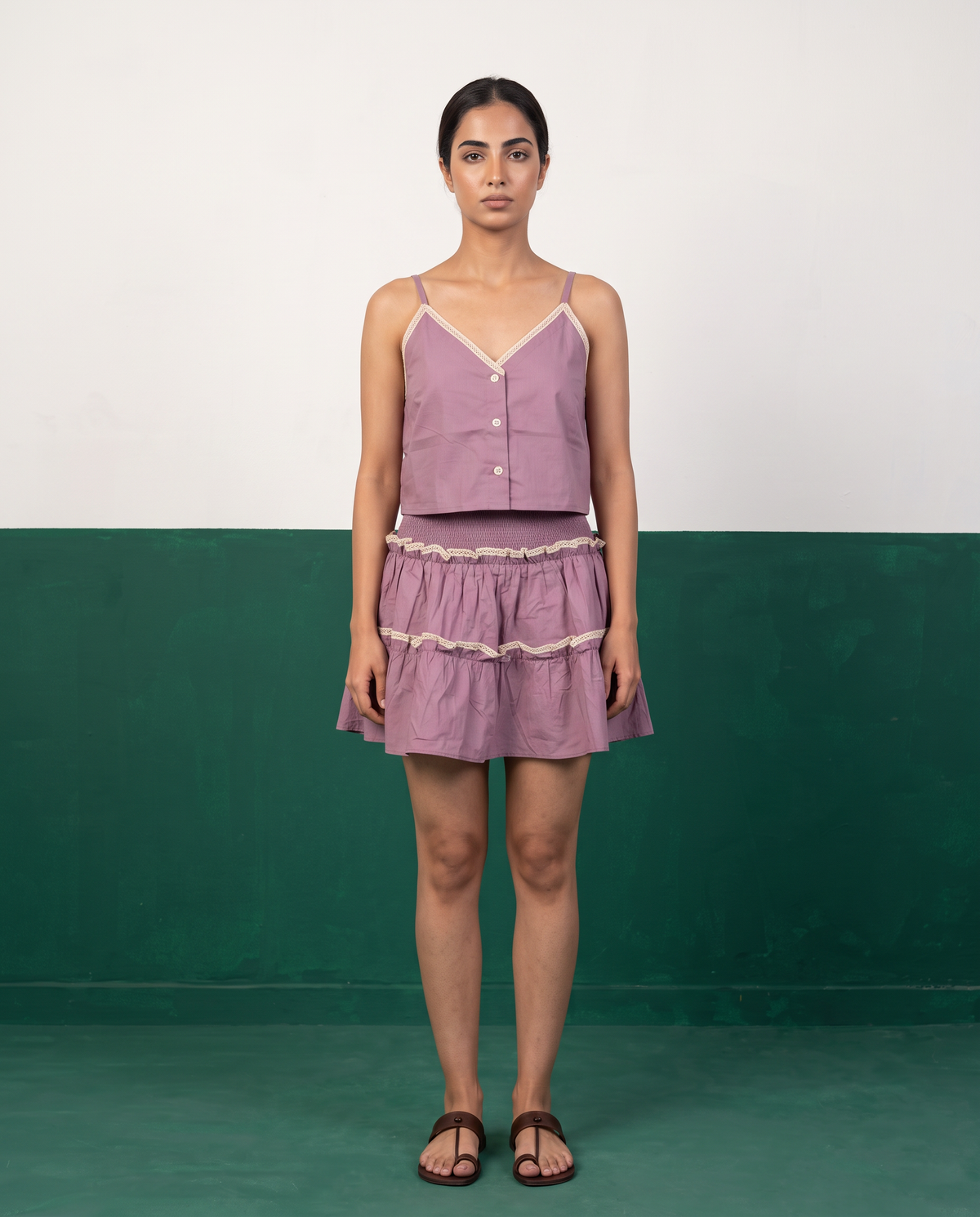 Mauve Cotton Camisole & Tiered Mini Skirt Set