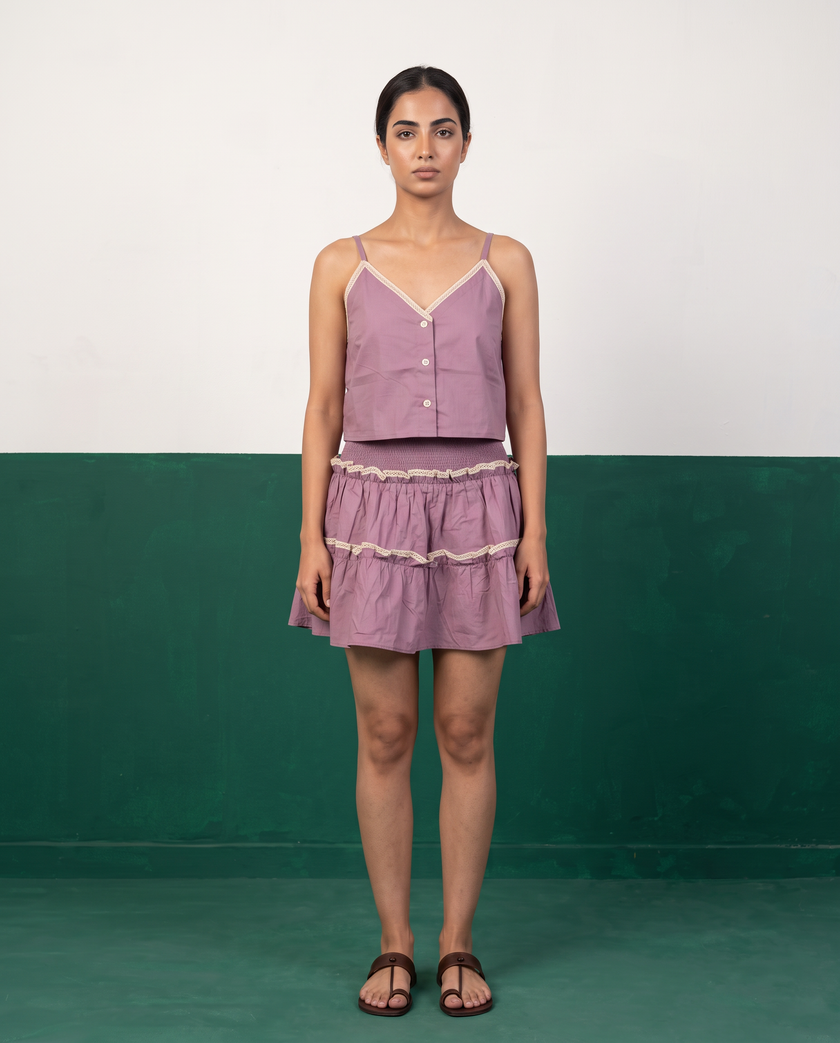 Mauve Cotton Camisole & Tiered Mini Skirt Set