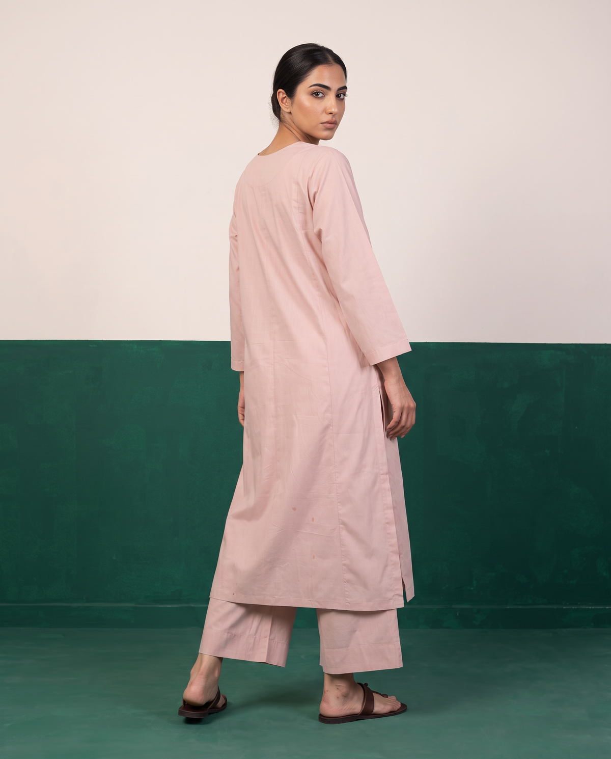 Blush Pink Notch-Neck Kurta & Wide-Leg Pants Co-ord Set