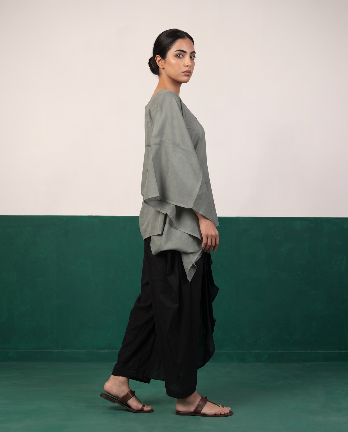 Sage Sheer Cotton Kaftan Top & Black Draped Skirt Set