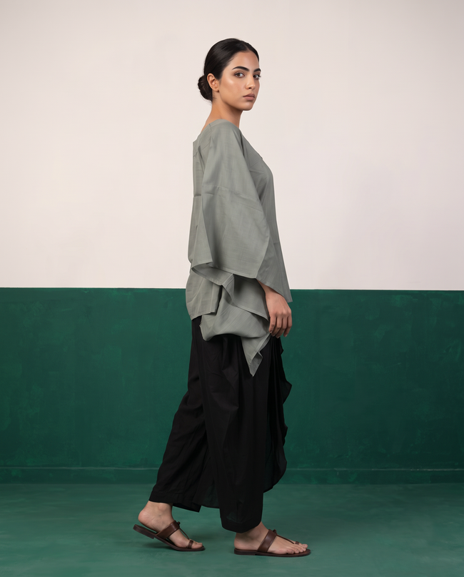 Sage Sheer Cotton Kaftan Top & Black Draped Skirt Set