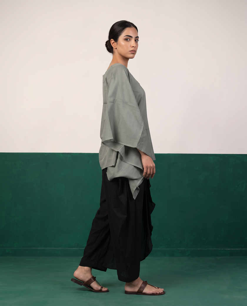 Sage Sheer Cotton Kaftan Top & Black Draped Skirt Set
