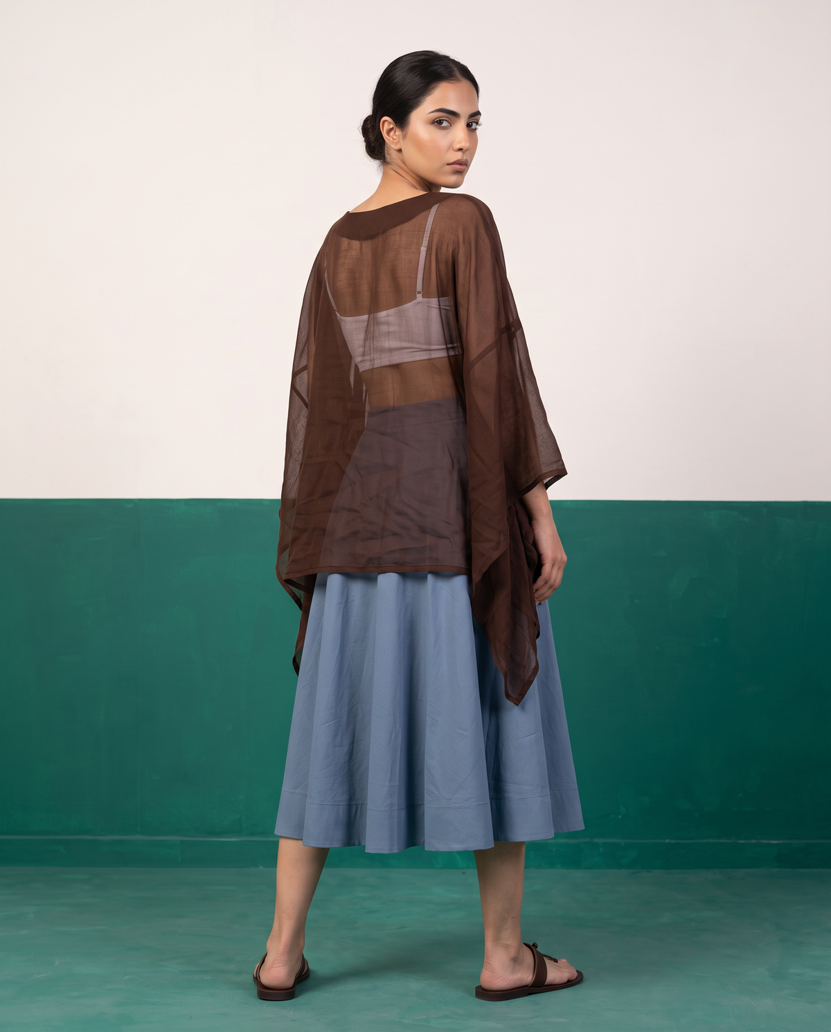 Sheer Chocolate Kaftan Top & Dusty Blue Flared Midi Skirt Set