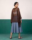 Sheer Chocolate Kaftan Top & Dusty Blue Flared Midi Skirt Set