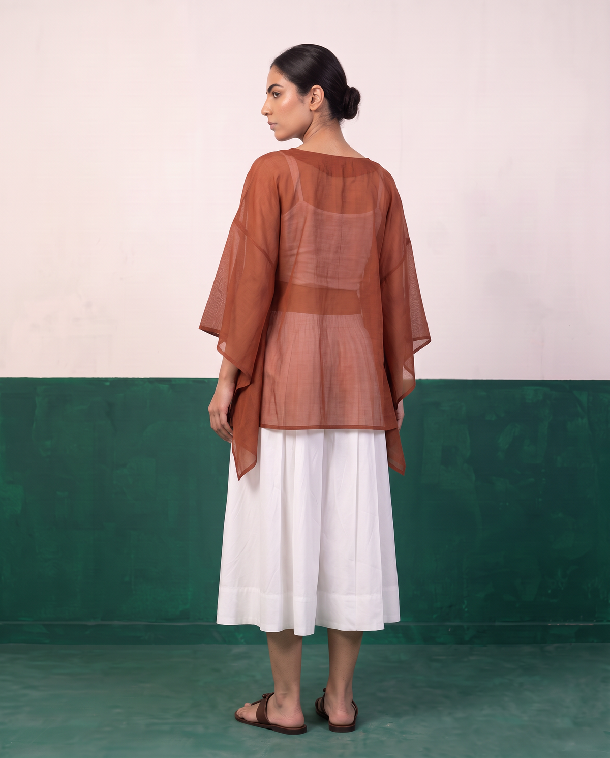 Sheer Rust Kaftan Top & White Flared Midi Skirt Set