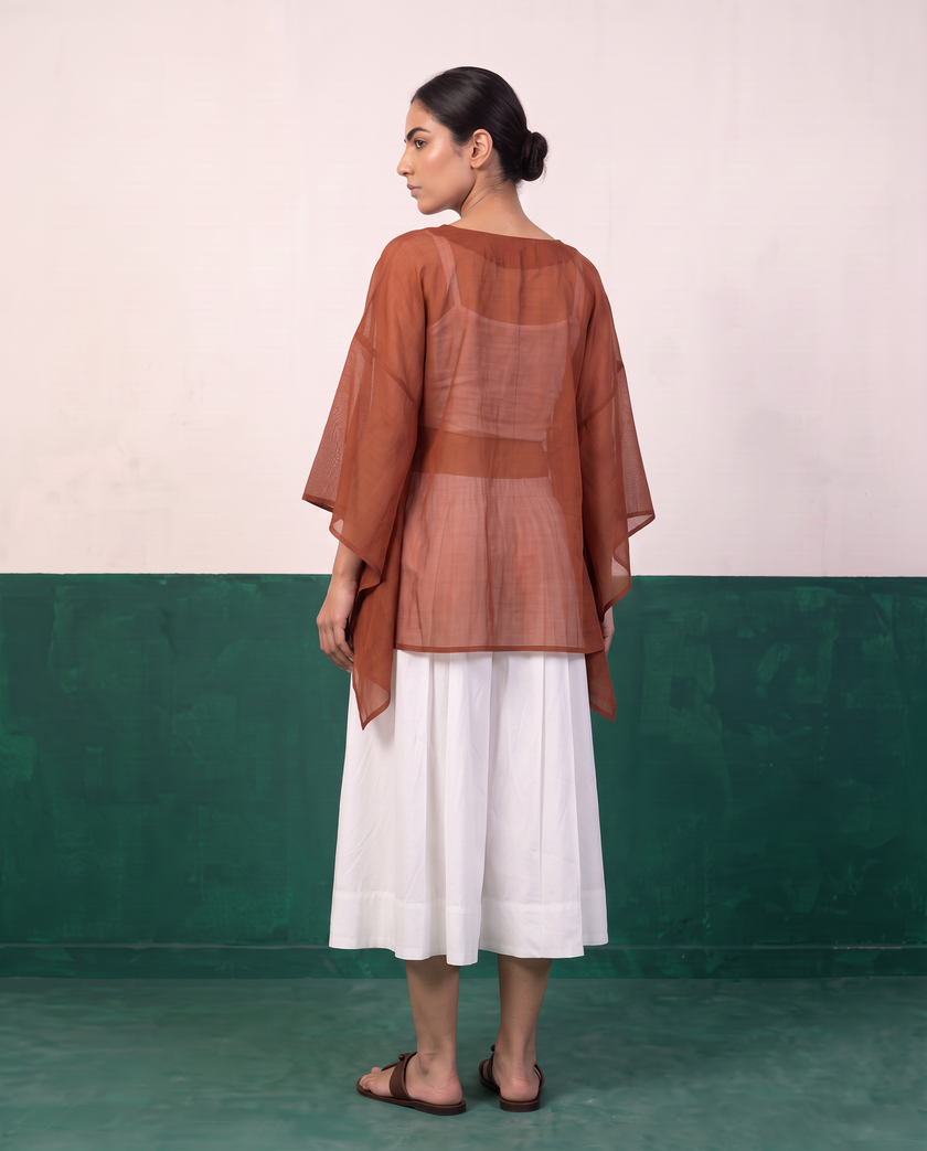 Sheer Rust Kaftan Top & White Flared Midi Skirt Set