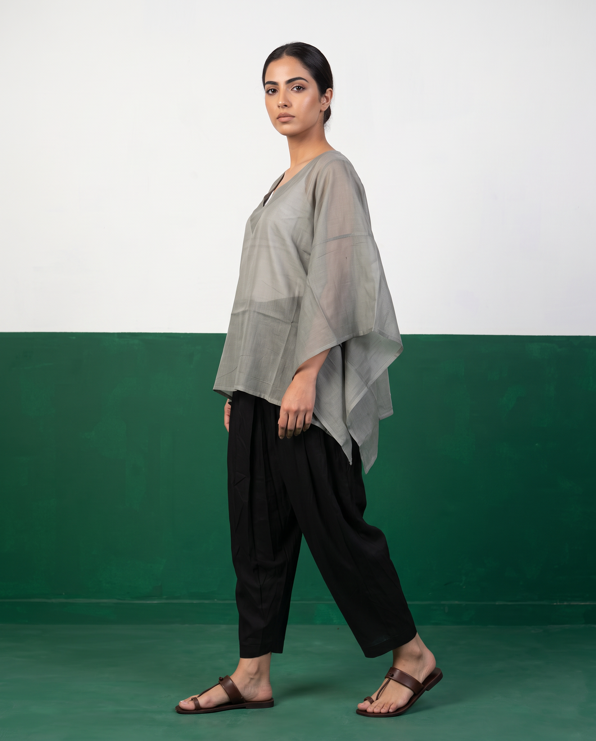 Sage Sheer Cotton Kaftan Top & Black Draped Skirt Set