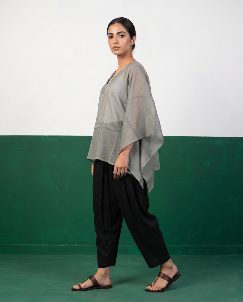 Sage Sheer Cotton Kaftan Top & Black Draped Skirt Set